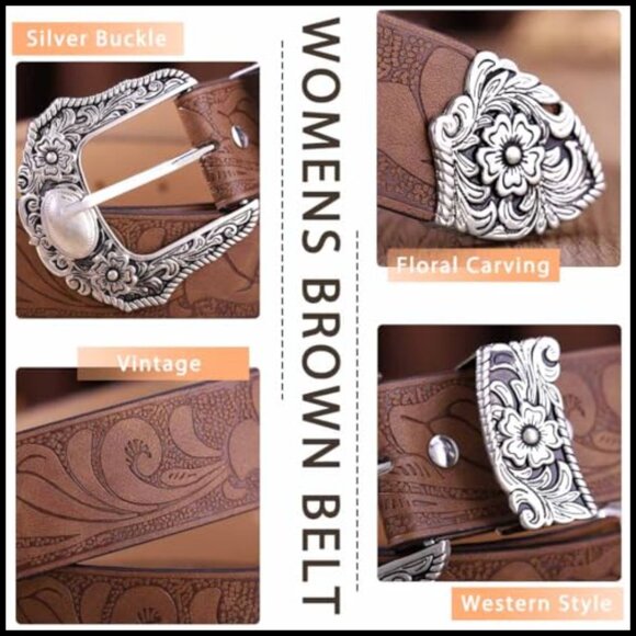 Vintage Western Leather Belt Floral Carving Cowboy Style Adjustable Fit main image 7